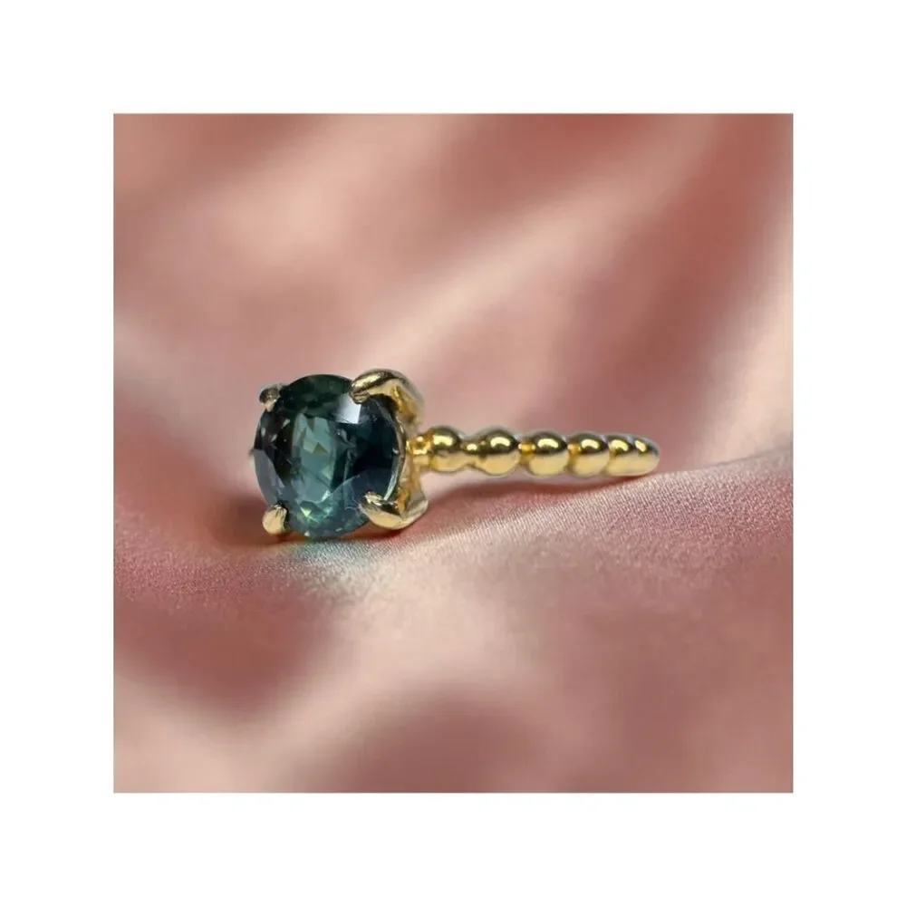 14K Gold Natural Teal Sapphire Ring Beaded Band Size 6 2/3ct Unheated Sapphire
